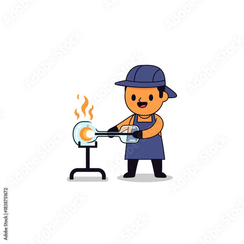 Cartoon Glassblower Shaping Molten Glass with Intense Heat.