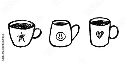 Set of cute hand drawn cup of tea or coffee Simple mug clipart Cozy home doodle Single element for design