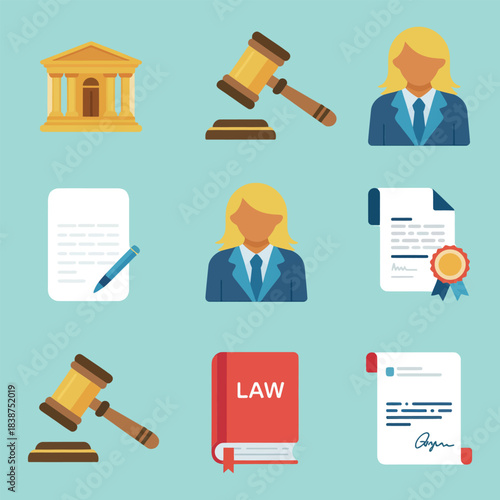Professional legal services illustration set, lawyer judge courthouse law book contract vector icons