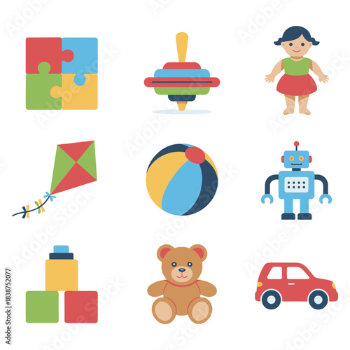 Kids toy and playtime icons set, teddy robot car kite puzzle ball colorful children activity vector illustration