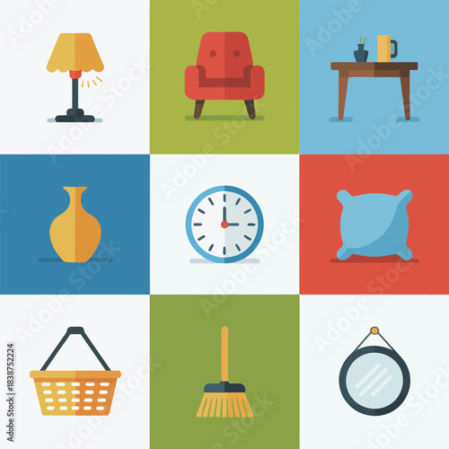 Interior furniture and cleaning grid icons collection, chair lamp basket clock mirror broom cushion flat vector illustration set