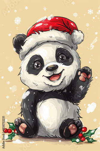 Cute panda wearing red Santa hat with snowflakes and holly berries