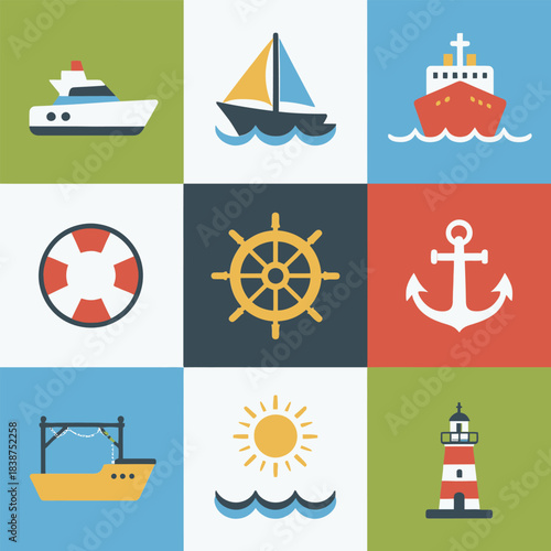 Nautical transport and seaside elements icons collection, ship sailboat lighthouse anchor lifebuoy ocean flat vector design