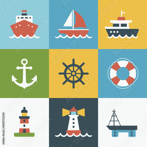 Aviation and airport service icons set, airplane window terminal luggage trolley boarding pass flat vector illustration collection