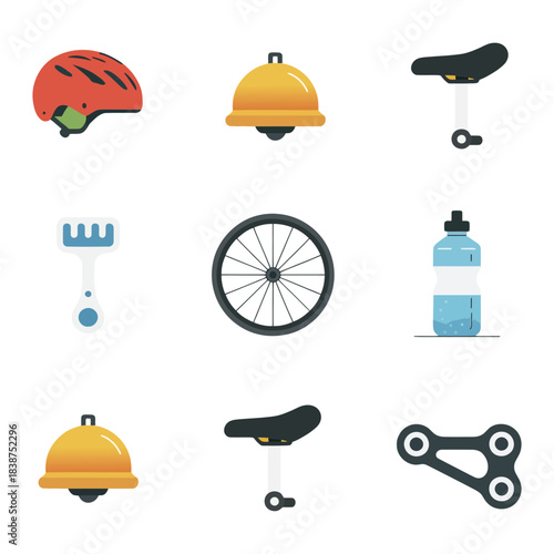Cycling gear and bicycle parts icons set, helmet wheel chain saddle bottle repair tools flat vector illustration collection