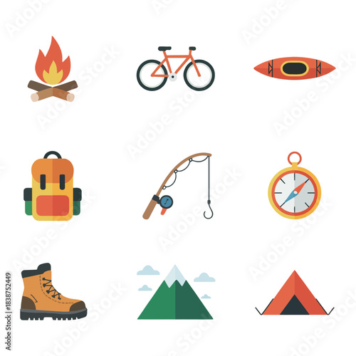 Outdoor recreation adventure icons set, cycling kayaking fishing camping hiking navigation gear flat vector illustration collection
