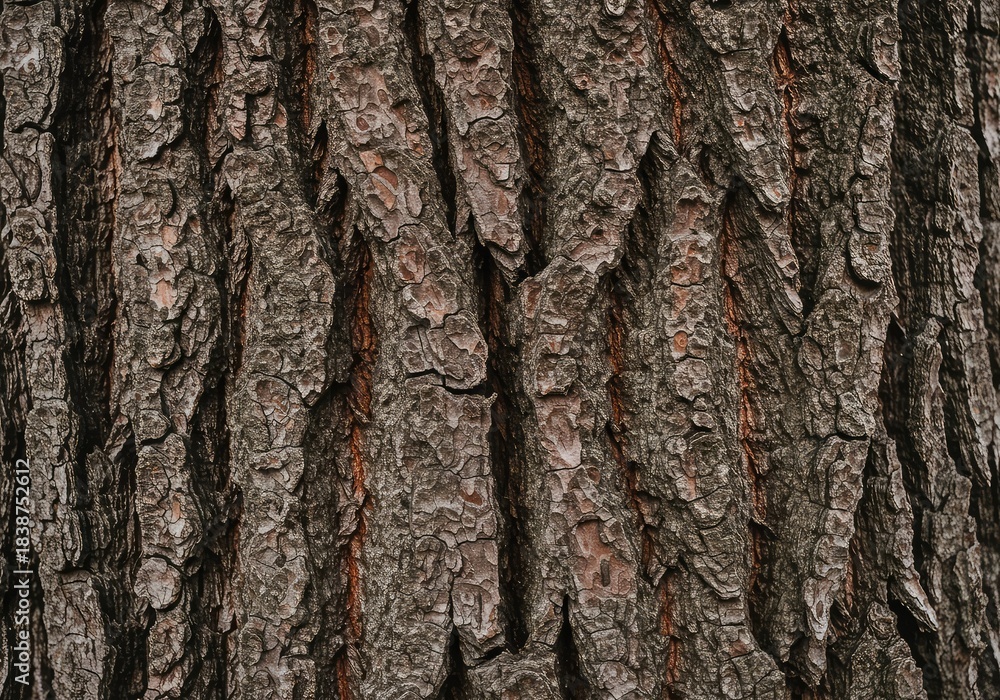 Obraz premium Close up view of the thick, textured bark covering the ancient, sturdy tree trunk, showing deep crevices and natural patterns ,ancient ,environment ,texture