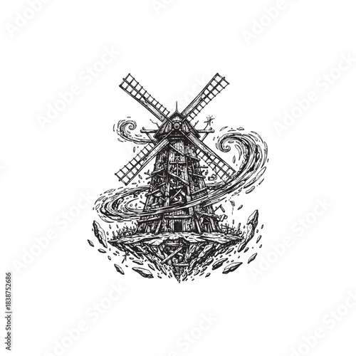 Surreal illustration of a detailed, rustic wooden Windmill structure floating mysteriously on a piece of land, surrounded by swirling wind, detached rocks, and powerful waves or clouds beneath
