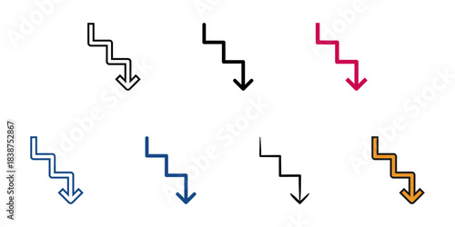 Down stair arrow icon set multiple style vector collection. Editable Stroke 
