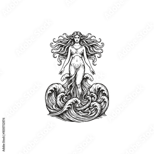 Surreal Elegant and classic line art illustration of a powerful Sea Goddess emerging from massive, detailed ocean waves