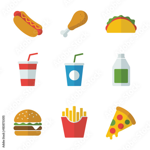 Street food meal icons set, hotdog chicken leg taco soda burger fries pizza flat vector illustration for fast food concepts