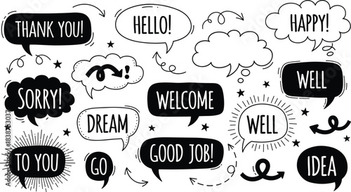 Hand-drawn vector graphic set, speech bubbles, New Year 2026 party icons, celebration doodles, clock, fireworks, and hats.