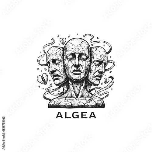 Surreal engraving style illustration featuring a triple-faced sculpture,  the Greek mythological daemon Algea goddess