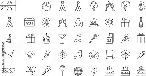 Mega Icon Set: New Year 2026, Finance, Digital, Communication, Business, Celebration, Vector Outline Graphics Collection, Banking, Holiday, Technology.