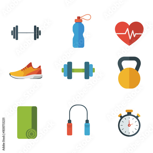 Fitness training equipment icons set, dumbbell water bottle heart rate shoe kettlebell mat stopwatch flat vector illustration