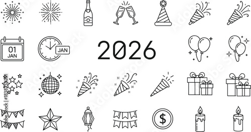 New Year 2026 celebration set, vector line icons and doodle speech bubbles, featuring countdown clock, champagne, and fireworks.