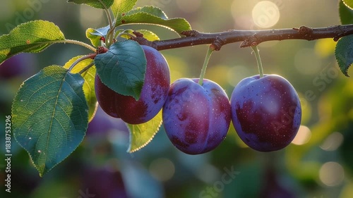 Three ripe purple plums hanging on a branch with green leaves, bathed in warm sunlight.