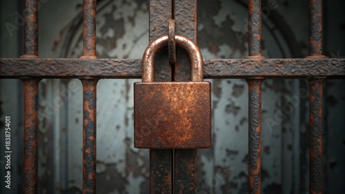 Rusted Padlock on a Foreclosed House Gate with Vintage Appeal