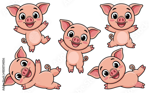 Adorable set of five cute cartoon baby pig characters and joyful piglet illustrations jumping, running, and playing excitedly, isolated on a clean white background, perfect graphic resource for educat