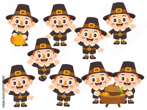 Cheerful cartoon pilgrim boys character set celebrating the traditional Thanksgiving holiday, featuring multiple happy children posing with harvest bounty like pumpkin and corn, ideal vector illustrat