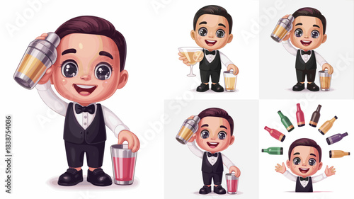 Cute chibi stylized male mixologist character in vest and bow tie happily juggling colorful liquor bottles and shaking a professional cocktail shaker; versatile service industry illustration set for b