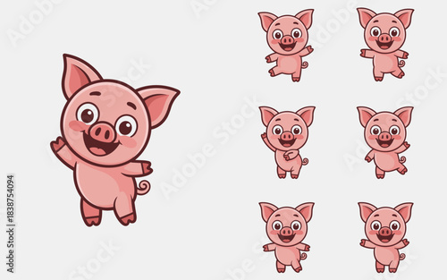 Adorable cute pink cartoon piglet vector character mascot collection set, featuring cheerful baby swine celebrating, jumping, dancing, and happily waving, isolated graphic resource for presentations,