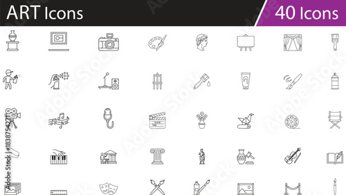 Art icons collection, creative tools set, painting sculpture photography music theater film symbols, artistic disciplines vector pack, cultural expression elements for education, design
