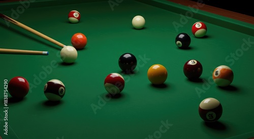 A high-angle view of a classic green felt pool table surface with cue balls, striped and solid balls scattered ready for a game of billiards ,nightlife ,chalk ,corner