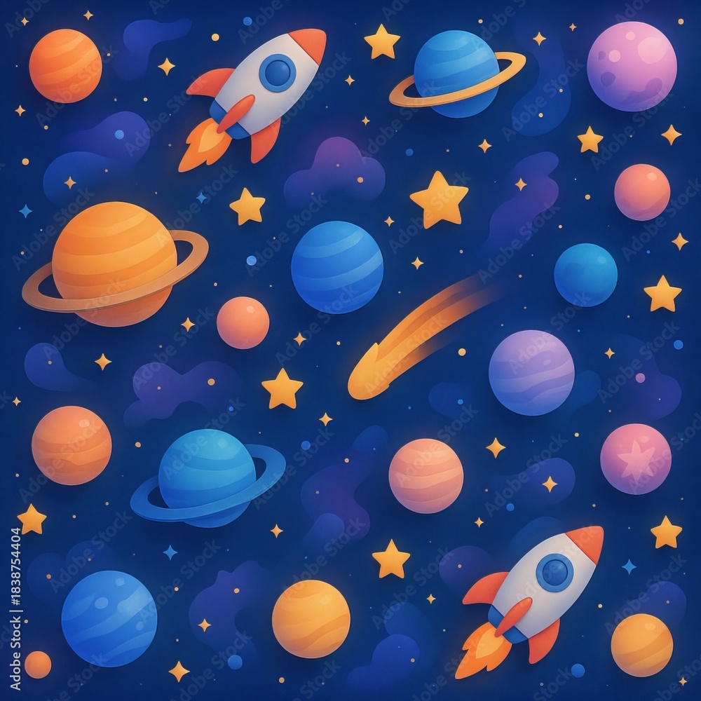 Naklejka premium A seamless cosmic pattern featuring layered planets, rockets, comets, stars, and nebula shapes. Soft glowing gradients and clean repetition create a whimsical outer-space design perfect for kids