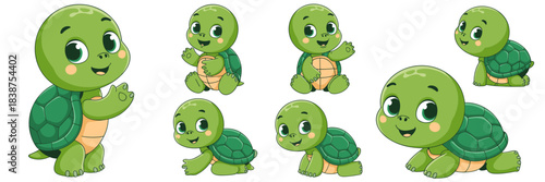 Cute cartoon baby turtle characters set featuring multiple friendly poses like sitting, crawling, and waving hello, perfect vector illustration pack for early childhood education, kids books, nursery