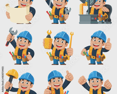 Professional smiling handyman character set providing reliable repair, maintenance, and engineering services, holding industrial tools like wrench and blueprint, perfect vector illustration for busine