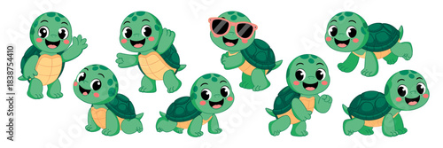 Cheerful collection of adorable baby sea turtle or tortoise hatchling vector cartoon characters smiling, waving, running, and crawling in multiple happy, playful poses, perfect mascot design for child
