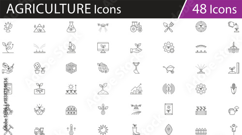 Agriculture and farming icons set, modern agri-tech symbols, plant growth and soil analysis visuals, vector pack for educational, environmental, scientific, and digital content related to sustainable