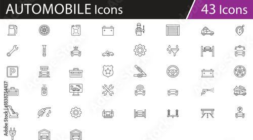 Automotive icons set, vehicle maintenance symbols, car service tools, garage elements, diagnostics and safety visuals, transportation components vector pack for mechanic, repair, electric vehicle