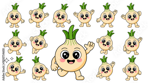 Cheerful kawaii onion cartoon character set featuring happy smiling vegetable mascot poses, running, walking, and waving, perfect isolated vector graphic design collection for children's healthy food