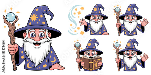 Friendly cartoon wizard character design vector illustration set showing an old sorcerer smiling, wearing a blue robe and star hat, holding a glowing crystal ball staff, waving, reading a magic spellb