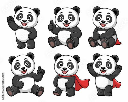 Six friendly cartoon panda bear mascots vector collection showing success, cheering, greeting, explanation, and superhero poses with red cape illustration for positive educational design, happy websit