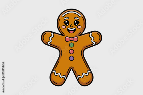 Cute, adorable gingerbread man cookie character illustration with a happy smiling face, decorated with a sweet pink bow tie, colorful candy buttons, and white icing trim, perfect for festive holiday d