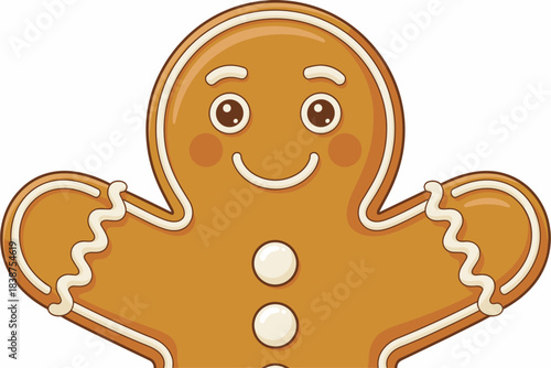 Delicious cheerful cartoon gingerbread man cookie vector illustration with sweet white royal icing trim, rosy cheeks, and happy smiling face, ideal for traditional Christmas holiday season marketing,