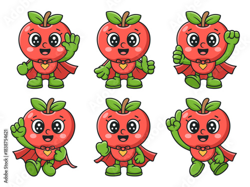 Cute superhero apple fruit character mascot collection showing various positive hand gestures like waving, thumbs up, and pointing, symbolizing healthy eating, powerful nutrition, fresh ideas, educati