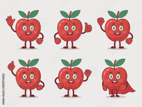 Cute red apple mascot character vector illustration set displaying various friendly poses including a thumbs up, pointing, and waving, perfect for educational materials, school graphics, healthy food