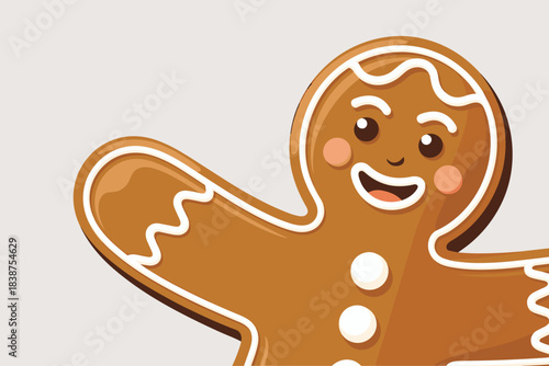 A cute smiling gingerbread man cookie illustration, happily waving and peeking from the corner, decorated with white royal icing details and candy buttons, perfect for festive winter holiday marketing