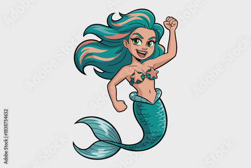 Empowered female mythological sea creature mascot cheering happily with a raised fist, symbolizing determination and successful achievement, a bright graphic vector clip art illustration of a strong c