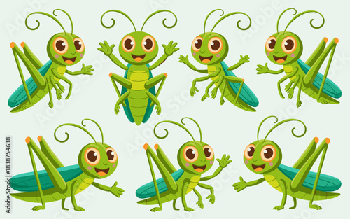 Cute happy green grasshopper and cricket insect collection set of cartoon bug characters cheerfully smiling and waving hands, jumping poses on a light background, ideal vector illustration for childre