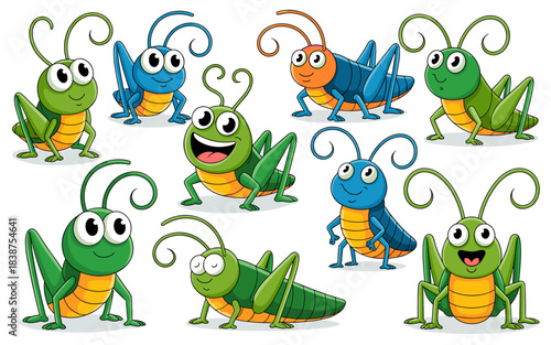Diverse group of adorable cartoon grasshoppers and happy smiling crickets in various poses, bright green, blue, and orange vector characters set isolated as graphic design elements for nature educatio