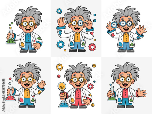 Cheerful cartoon scientist experimenting with chemistry flasks and magnifying glass, surrounded by engineering gears, presenting innovative research ideas for education, technology, and STEM concepts