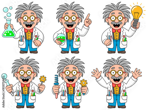A friendly, smiling cartoon scientist professor mascot character set, wearing a white laboratory coat and glasses, demonstrating concepts like chemistry experiments, mechanical engineering research, t