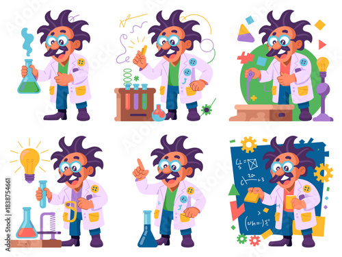 Cheerful cartoon scientist character set performing various educational chemistry and physics experiments, calculating complex math formulas on a chalkboard, representing innovation, research, and lab