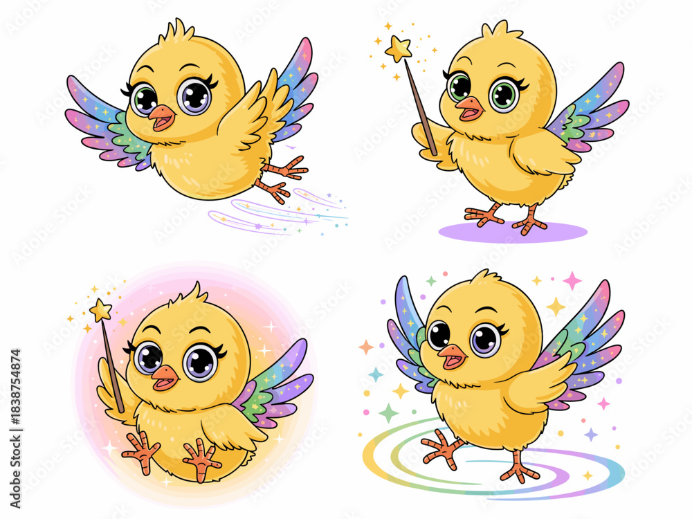 Obraz premium Sweet adorable cartoon baby chick fairy wizard character set flying, standing, and dancing, featuring colorful iridescent rainbow wings and a star magic wand, a joyful vector illustration design for c