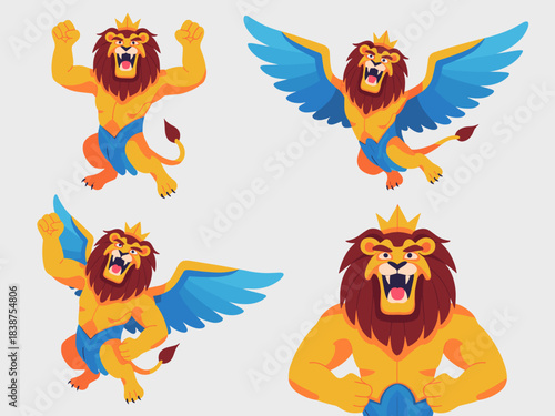 Regal muscular lion king mascot character, a mythical griffin roaring with mighty blue wings and a crown, representing strength, courage, and power in a bold flat vector illustration for gaming, sport